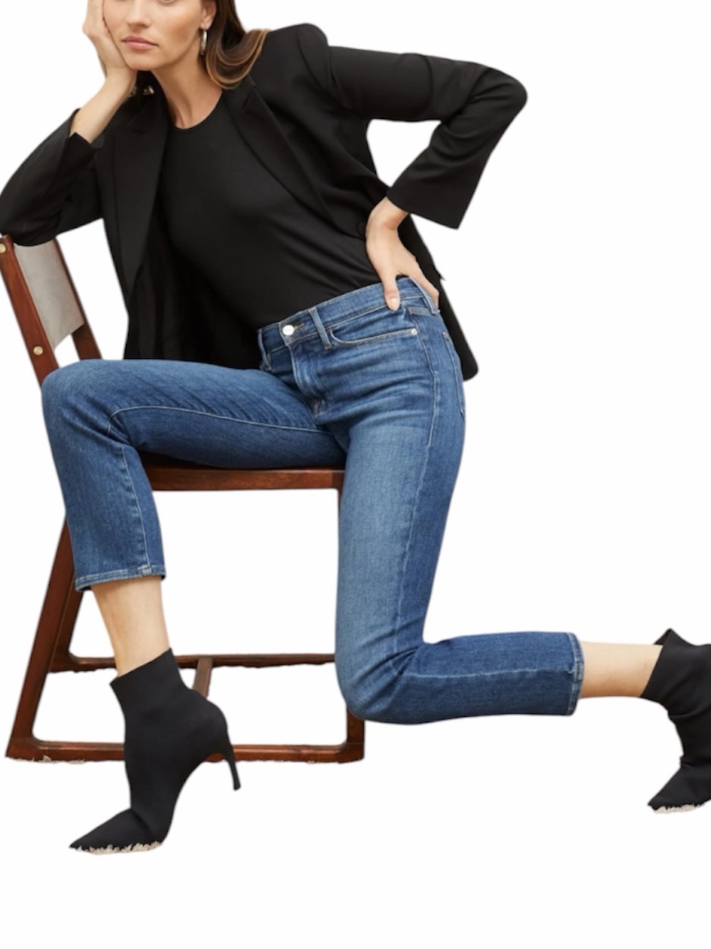 FRAME Le High Straight in Bestia cropped high rise straight blue jeans 28